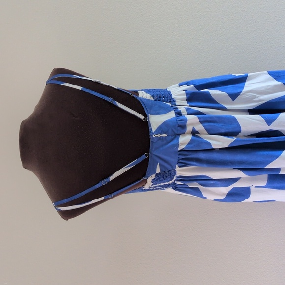 ANTHROPOLOGIE Dress MED Printed Babydoll Smock Maxi Blue White Abstract Strappy - Picture 8 of 11